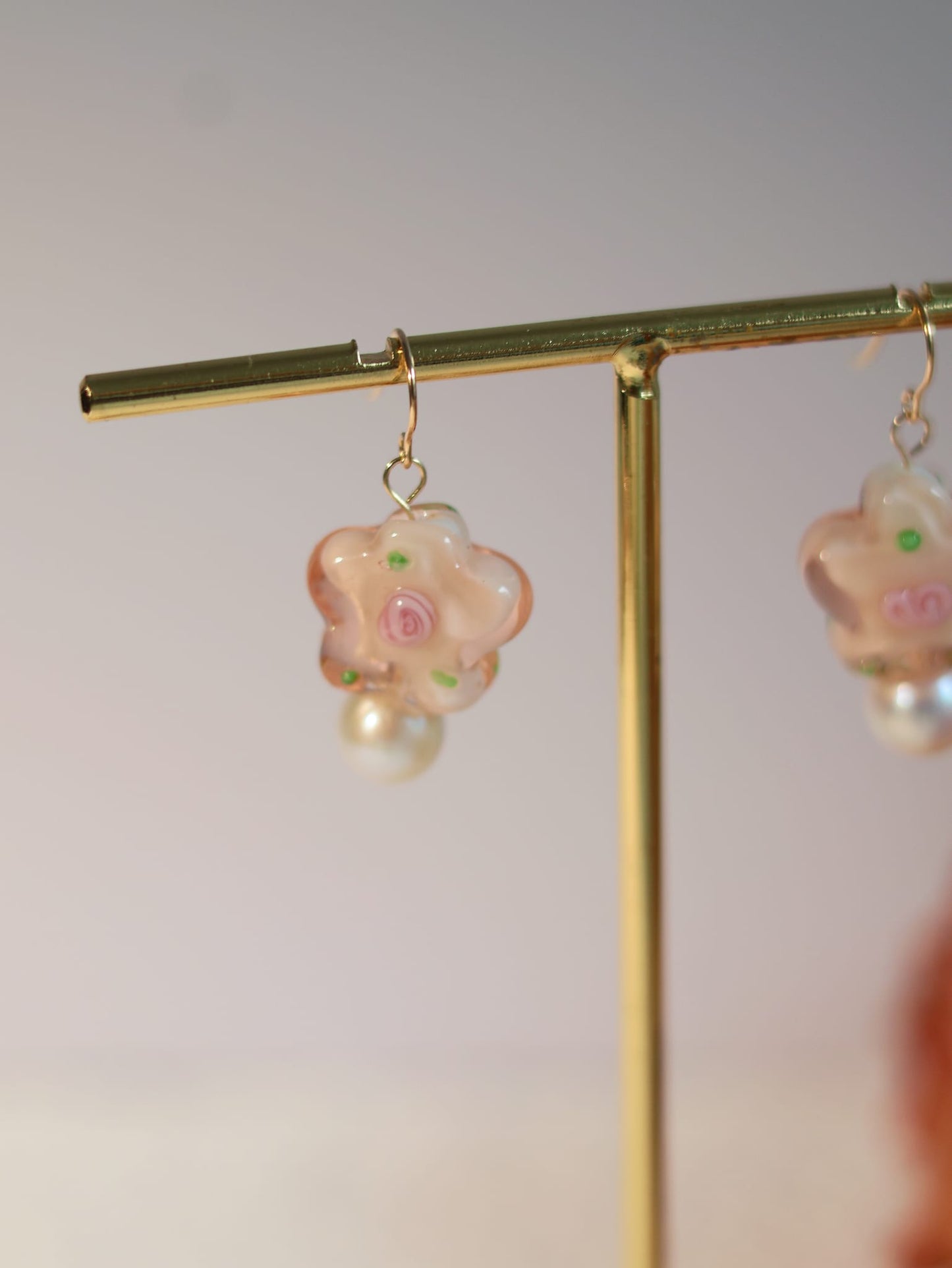 Pink Flowers Hand-drawing Glass Beads and Pearls Earrings