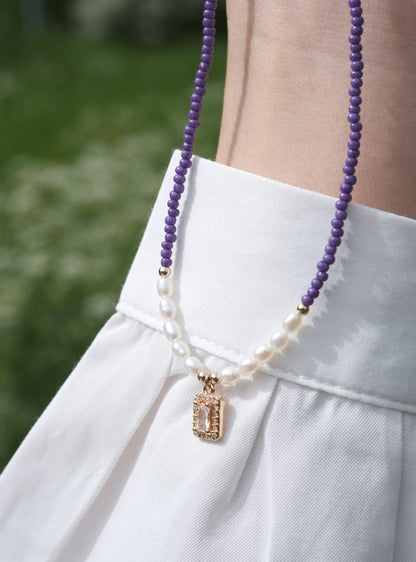 Natural Pearl Necklace with Purple Beads and Brilliant Rectangular Pendant