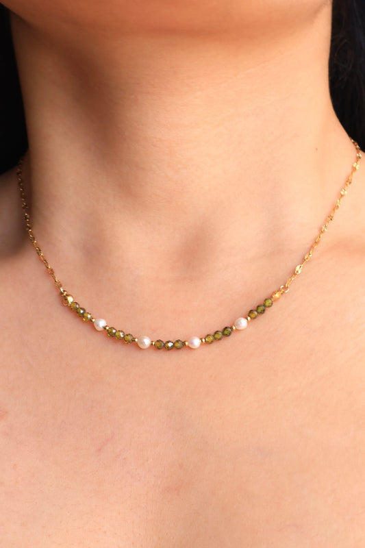 Matcha crystal sugar -- delicate gentle chain with fresh-water pearls and zirconia necklace