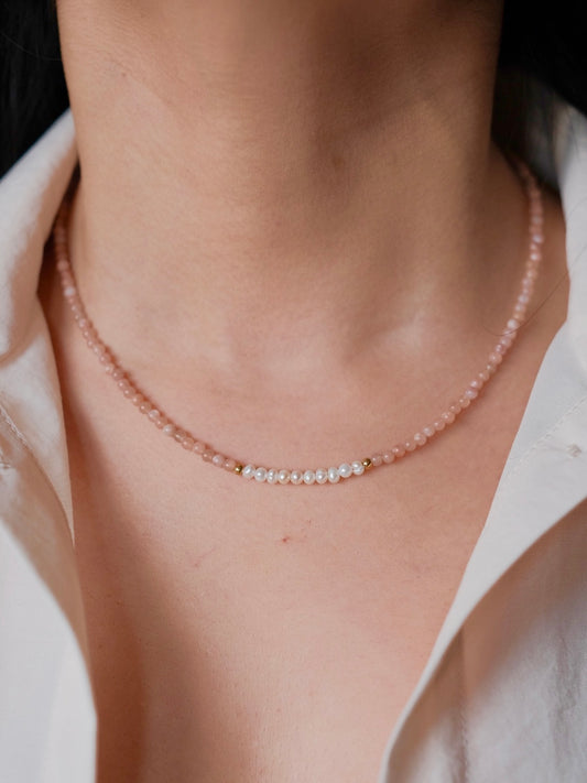 Curiosity - Blush Pink Sunstone & Pearl Choker Necklace, Dainty Minimalist Jewelry