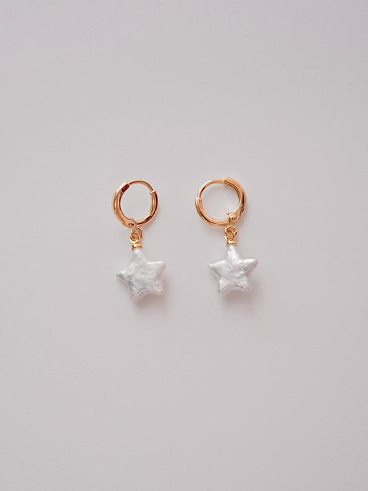 Curiosity - Iridescent Star Pearl Drop Hoop Earrings, Dainty Minimalist Jewelry