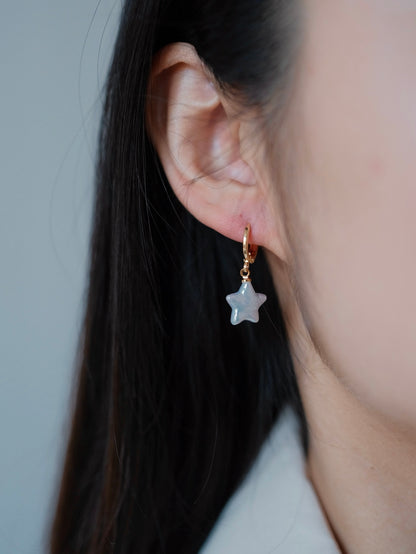 Curiosity - Iridescent Star Pearl Drop Hoop Earrings, Dainty Minimalist Jewelry