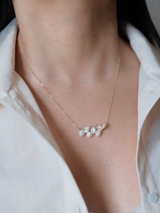 Curiosity - Flower Pedals, Irregular Freshwater Pearl Cluster Necklace, Dainty Minimalist Jewelry