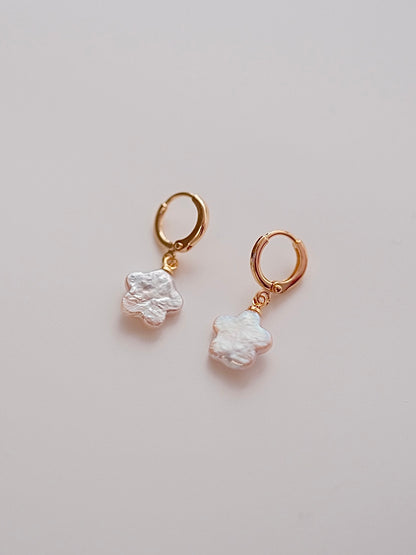 Curiosity - Iridescent Flower Pearl Drop Hoop Earrings, Dainty Minimalist Jewelry