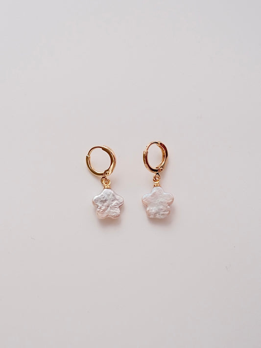 Curiosity - Iridescent Flower Pearl Drop Hoop Earrings, Dainty Minimalist Jewelry