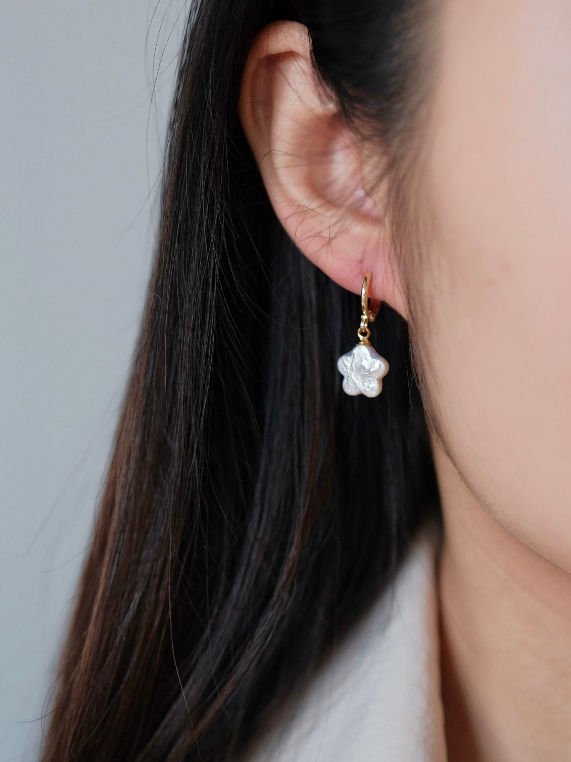 Curiosity - Iridescent Flower Pearl Drop Hoop Earrings, Dainty Minimalist Jewelry