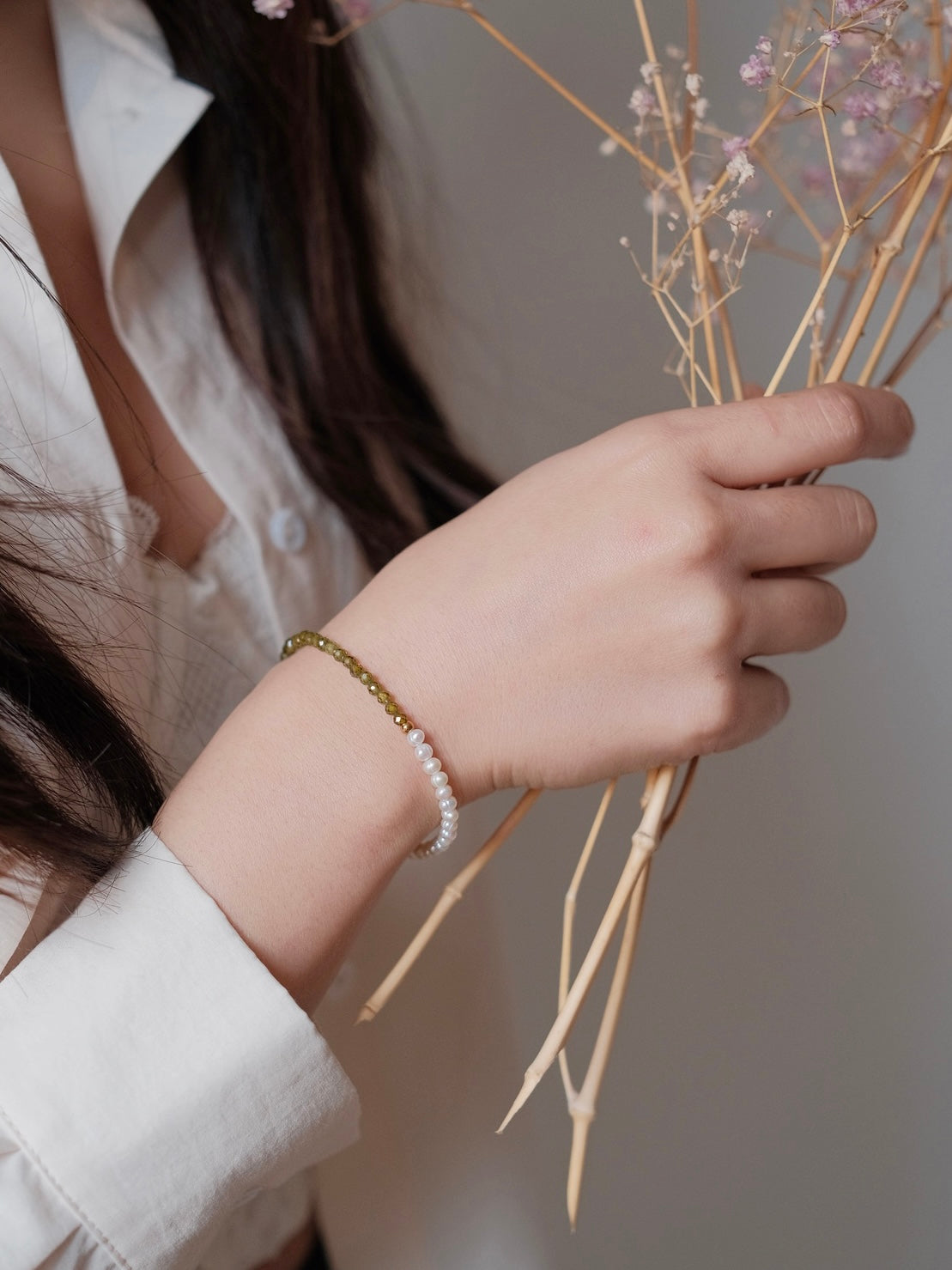 Curiosity - Olive Green Zirconia & Freshwater Pearl Half-and-Half Bracelet, Trendy Minimalist Jewelry