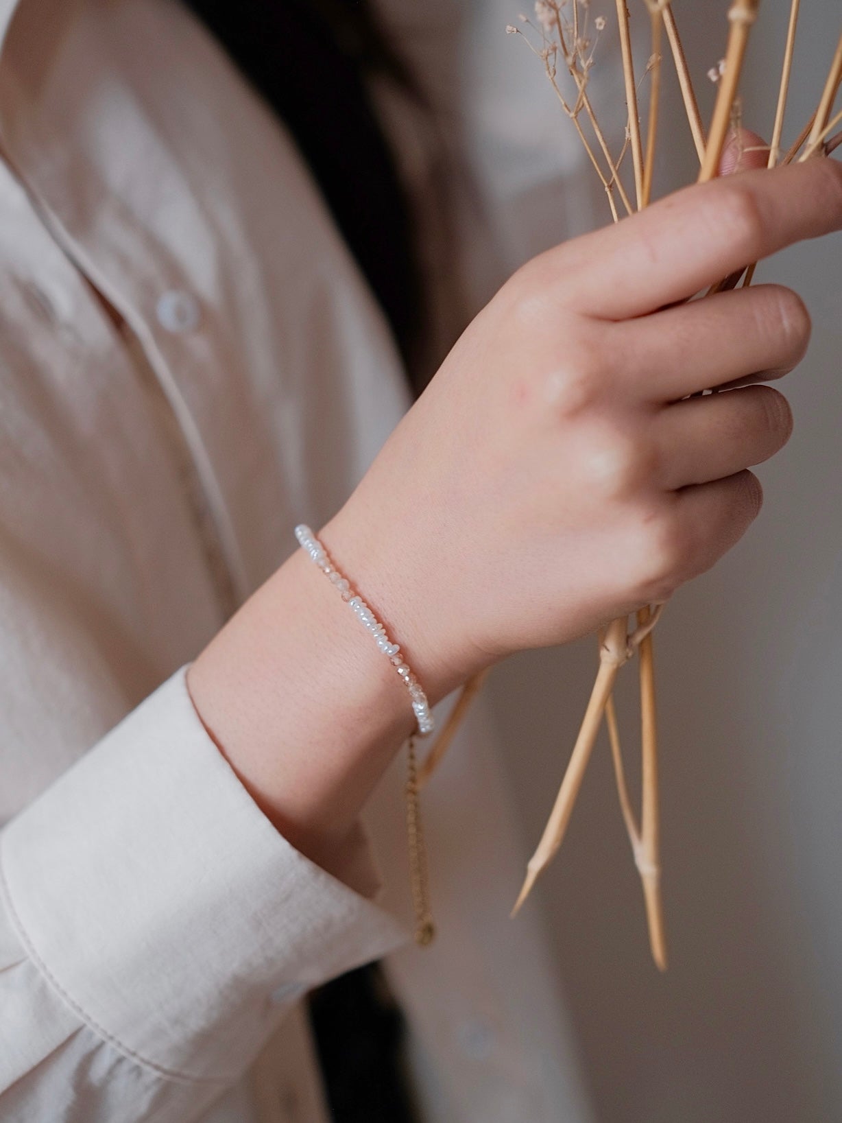 Curiosity - Blush Zirconia & Freshwater Pearl Bracelet, Dainty Minimalist Jewelry