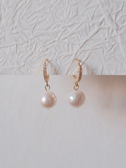 Curiosity - Sparkling Pearl Drop Hoop Earrings, Dainty Minimalist Jewelry