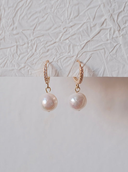 Curiosity - Sparkling Pearl Drop Hoop Earrings, Dainty Minimalist Jewelry