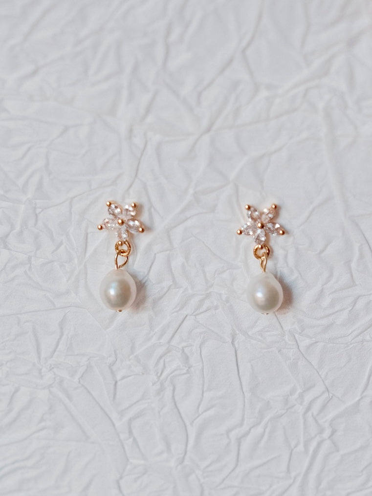 Curiosity - Daisy Zirconia Pearl Drop Earrings, Dainty Minimalist Jewelry