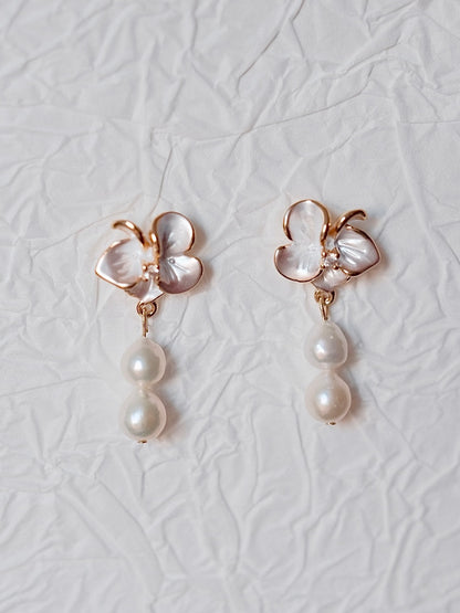 Curiosity - Floral Double Pearl Drop Earrings, Dainty Minimalist, Jewelry