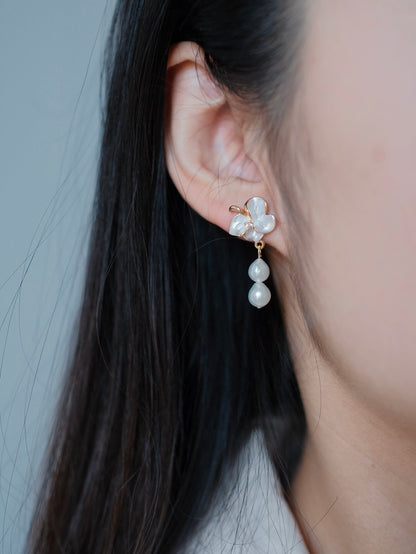 Curiosity - Floral Double Pearl Drop Earrings, Dainty Minimalist, Jewelry