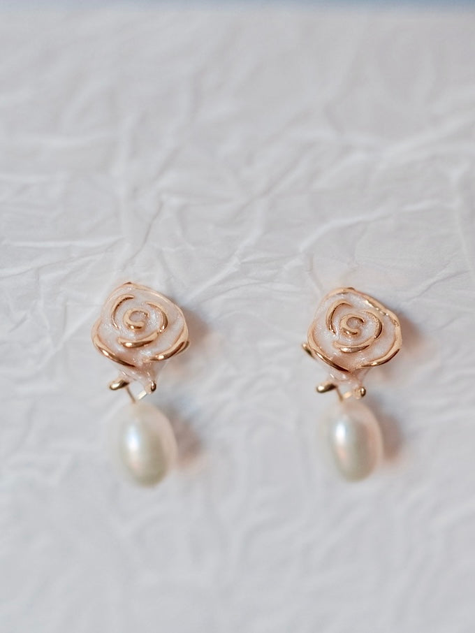 Curiosity - Romantic Rose Pearl Drop Earrings, Dainty Minimalist Jewelry