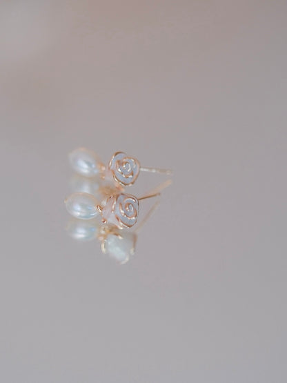 Curiosity - Romantic Rose Pearl Drop Earrings, Dainty Minimalist Jewelry