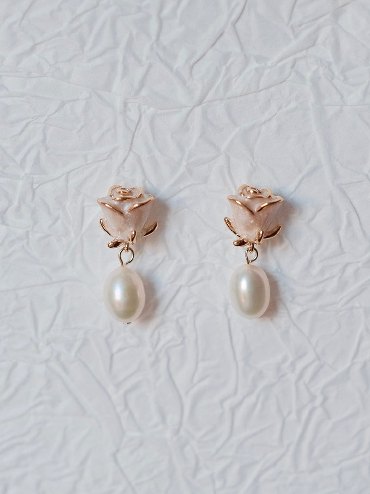 Curiosity - Romantic Rose Pearl Drop Earrings, Dainty Minimalist Jewelry