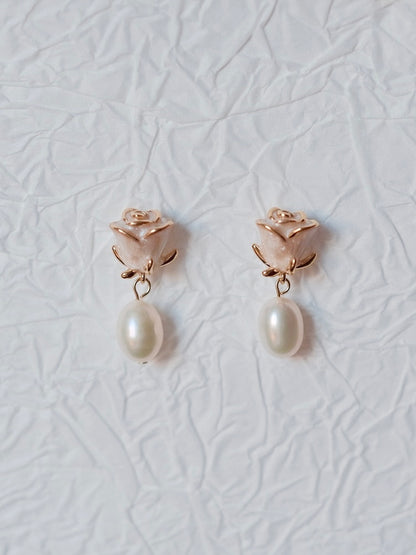 Curiosity - Romantic Rose Pearl Drop Earrings, Dainty Minimalist Jewelry