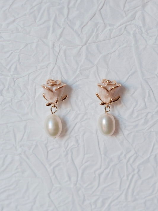 Curiosity - Romantic Rose Pearl Drop Earrings, Dainty Minimalist Jewelry