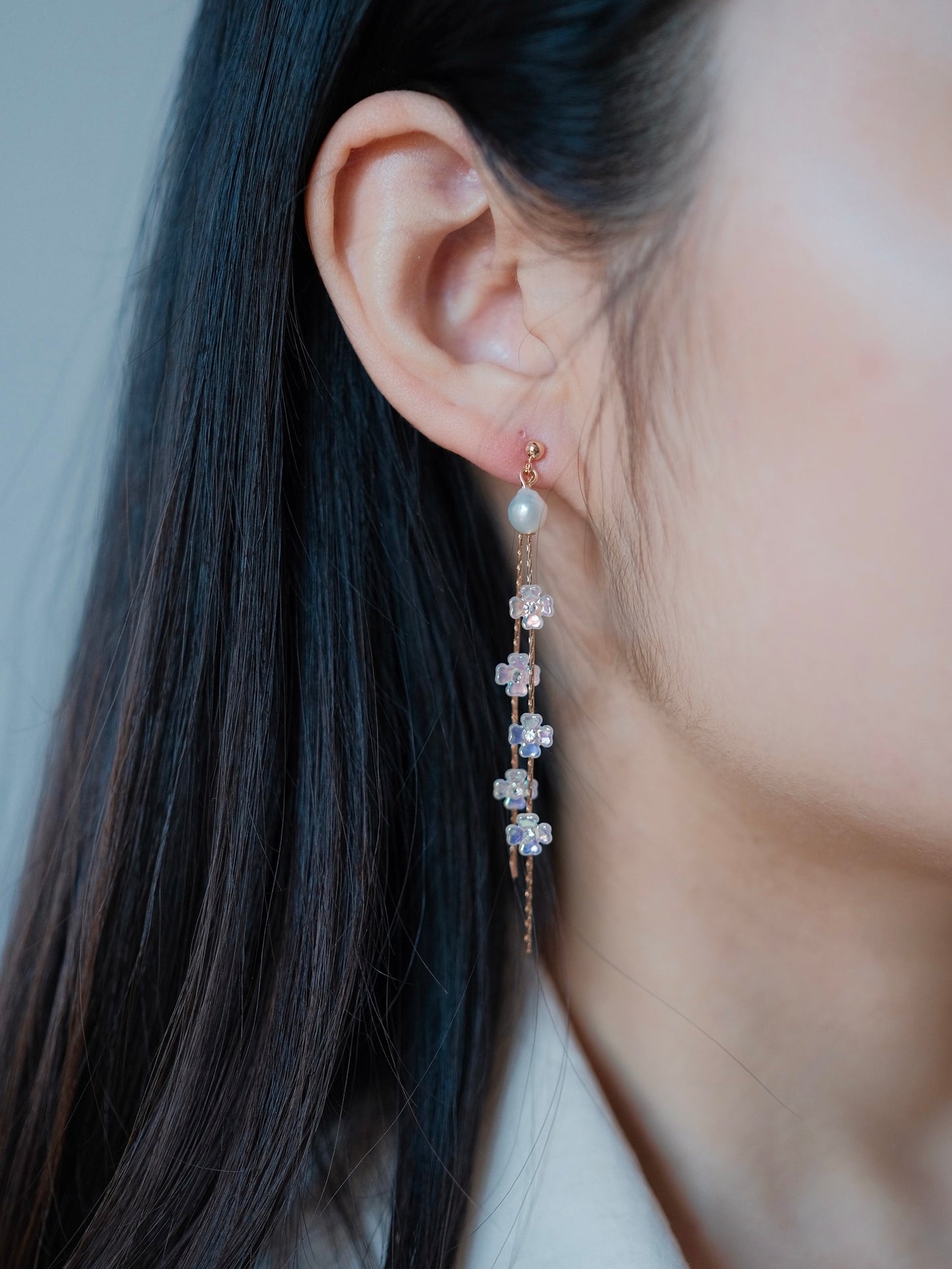 Curiosity - Iridescent Floral Waterfall Pearl Drop Earrings, Dainty Minimalist Jewelry