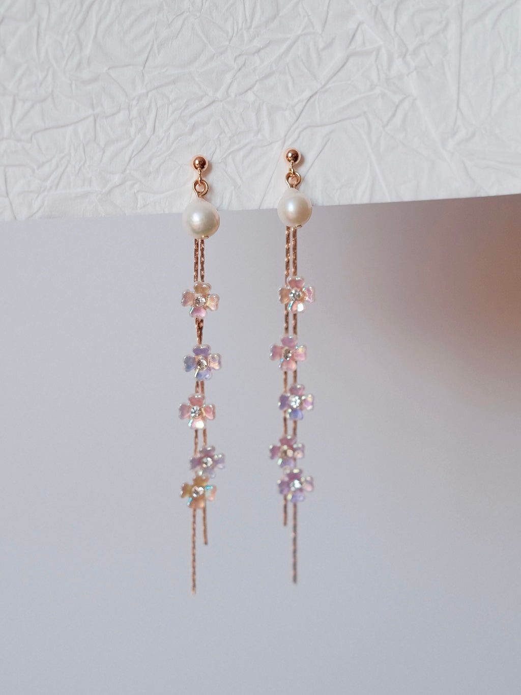 Curiosity - Iridescent Floral Waterfall Pearl Drop Earrings, Dainty Minimalist Jewelry