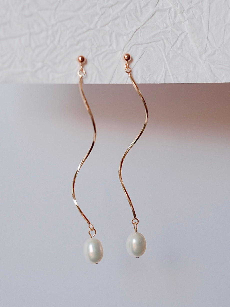 Curiosity - Wavy Freshwater Pearl Drop Earrings, Dainty Minimalist Jewelry