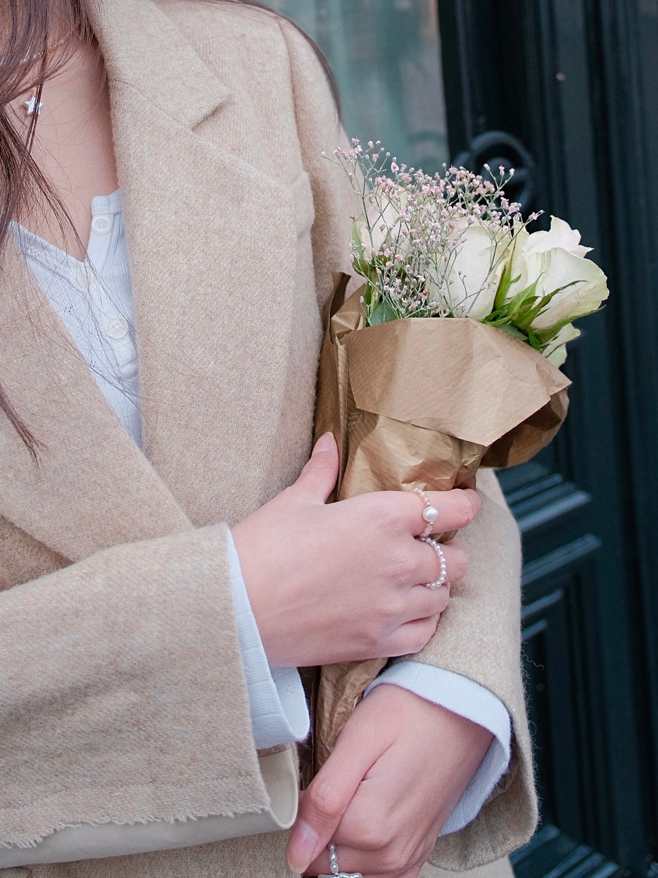 Curiosity - Blush Zirconia & Pearl Stretch Ring, Dainty Minimalist Jewelry