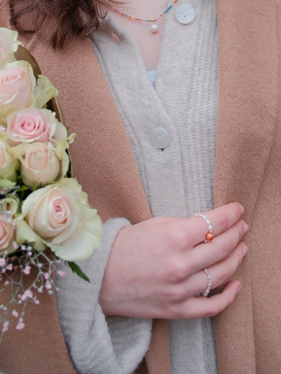 Curiosity - Blush Zirconia & Freshwater Pearl Stretch Ring, Dainty Minimalist Jewelry