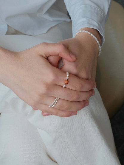 Curiosity - Coral Bead & Freshwater Pearl Stretch Ring, Dainty Minimalist Jewelry