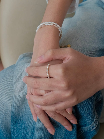 Curiosity - Blush Zirconia & Freshwater Pearl Stretch Ring, Dainty Minimalist Jewelry