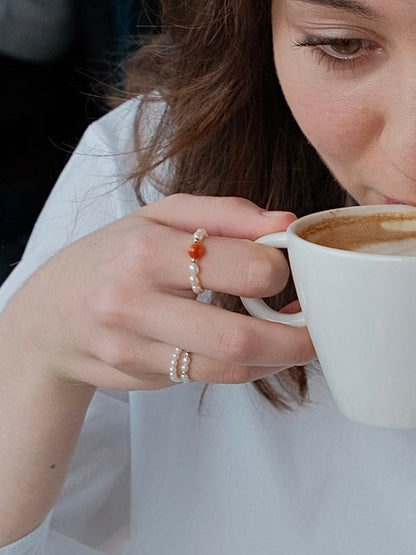 Curiosity - Coral Bead & Freshwater Pearl Stretch Ring, Dainty Minimalist Jewelry