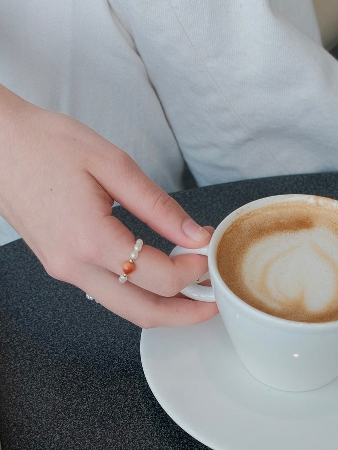 Curiosity - Coral Bead & Freshwater Pearl Stretch Ring, Dainty Minimalist Jewelry