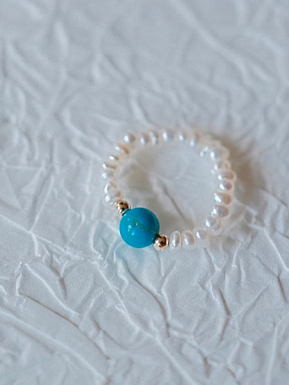 Curiosity - Handmade Pearl Beaded Rings with Aquamarine & Turquoise Gemstones, Dainty Elastic Jewelry