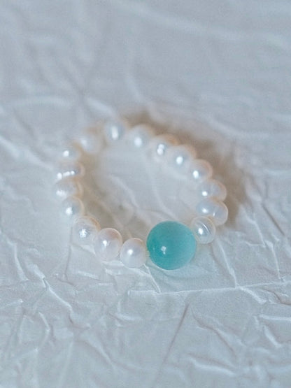 Curiosity - Handmade Pearl Beaded Rings with Aquamarine & Turquoise Gemstones, Dainty Elastic Jewelry