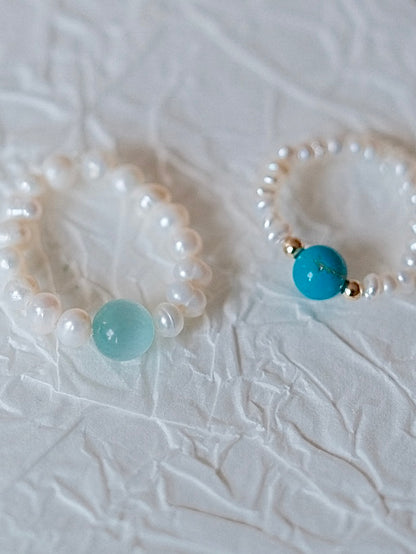 Curiosity - Handmade Pearl Beaded Rings with Aquamarine & Turquoise Gemstones, Dainty Elastic Jewelry