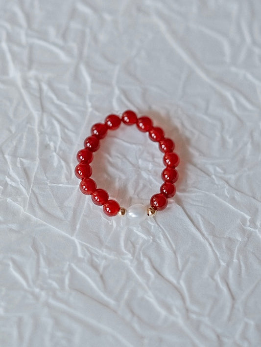 Curiosity -  Red Carnelian Beaded Ring with Pearl Accent, Elastic Gemstone Jewelry