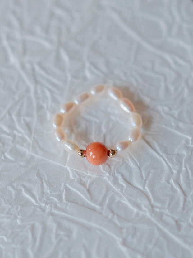 Curiosity - Coral Bead & Freshwater Pearl Stretch Ring, Dainty Minimalist Jewelry