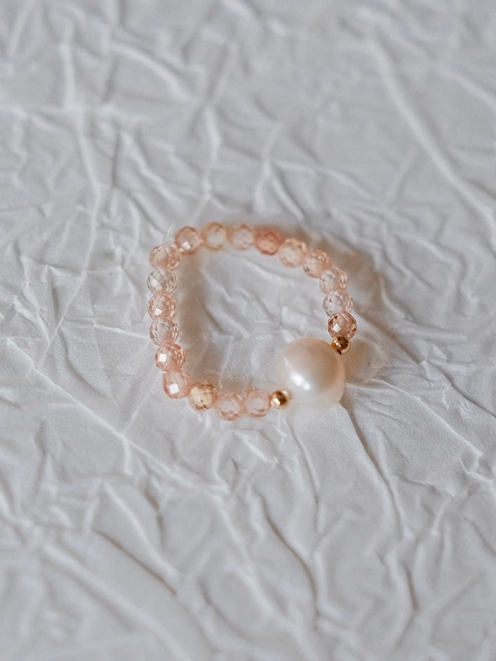 Curiosity - Blush Zirconia & Pearl Stretch Ring, Dainty Minimalist Jewelry