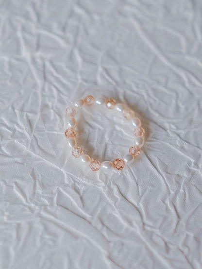 Curiosity - Blush Zirconia & Freshwater Pearl Stretch Ring, Dainty Minimalist Jewelry