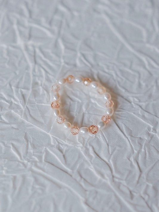 Curiosity - Blush Zirconia & Freshwater Pearl Stretch Ring, Dainty Minimalist Jewelry