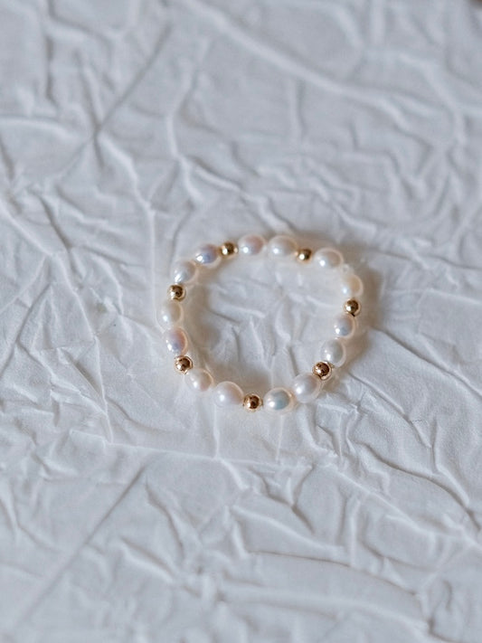 Curiosity - Handmade Freshwater Pearl Beaded Ring with Gold Accents, Dainty Minimalist Elastic Jewelry