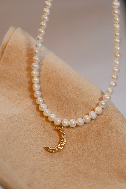 Romantic moon pendant with irregular surface fresh water pearl necklace