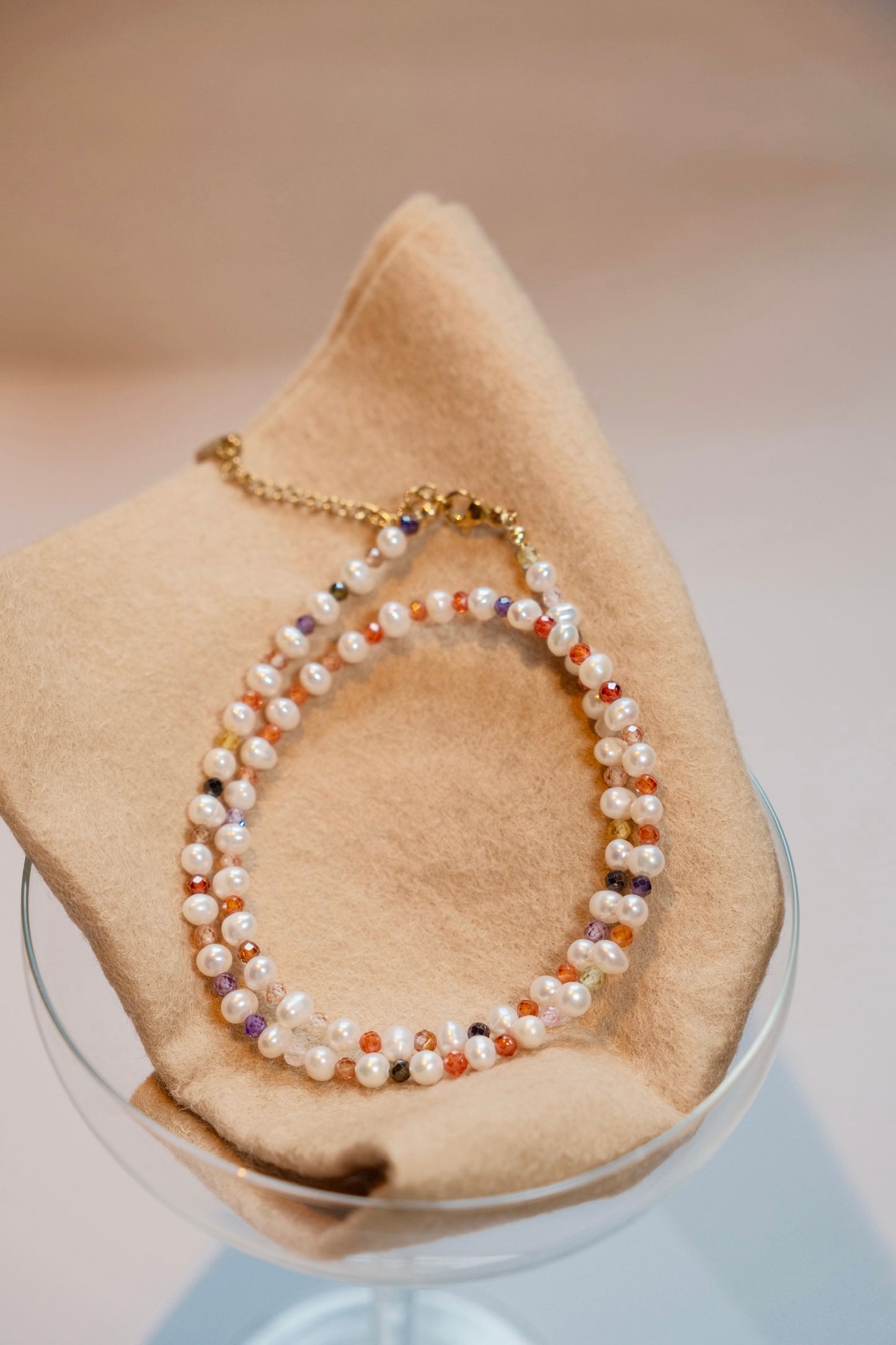 Colorful zirconia beads combined with fresh water pearl necklace, a must-have basic piece