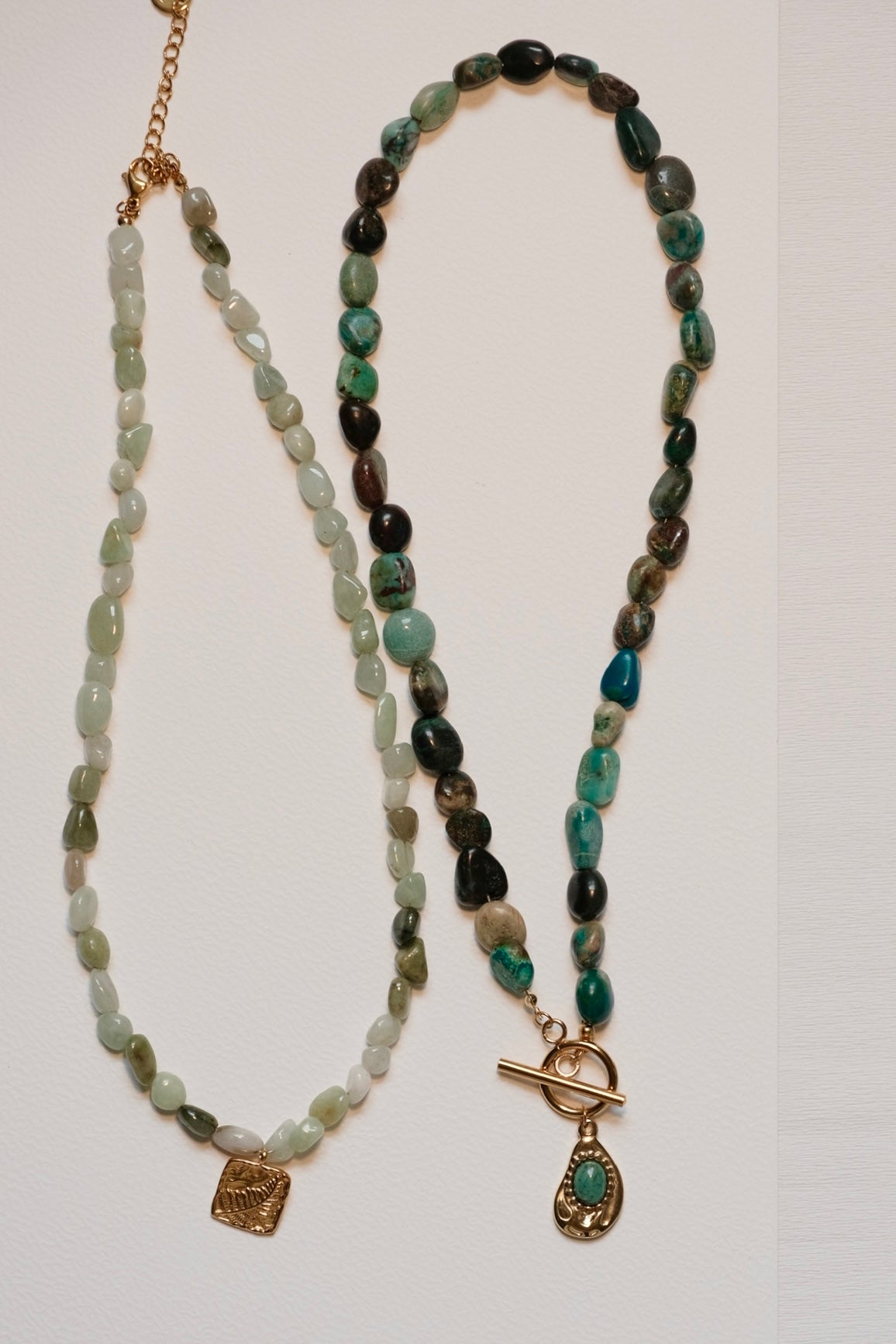 Irregular green natural stones necklaces combination, chrysocolla and jade