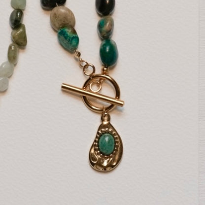 Irregular green natural stones necklaces combination, chrysocolla and jade