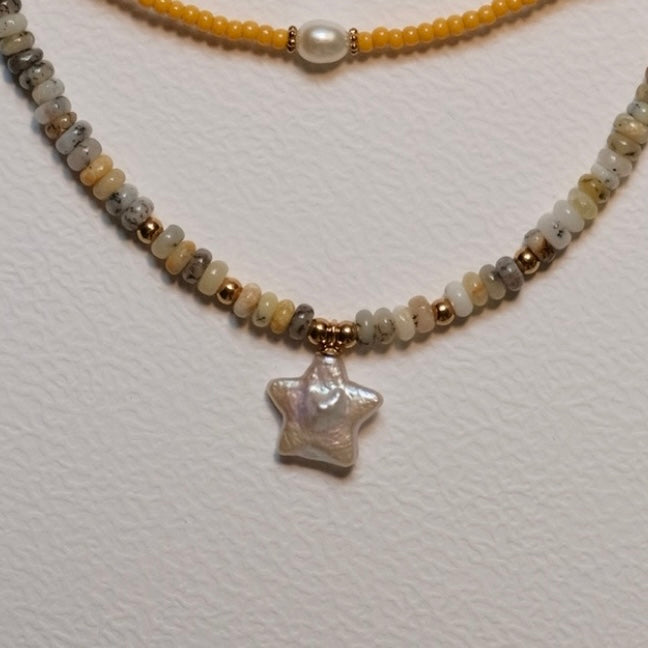 Cute yellow beaded and natural stone necklace with star-shaped pearl pendant