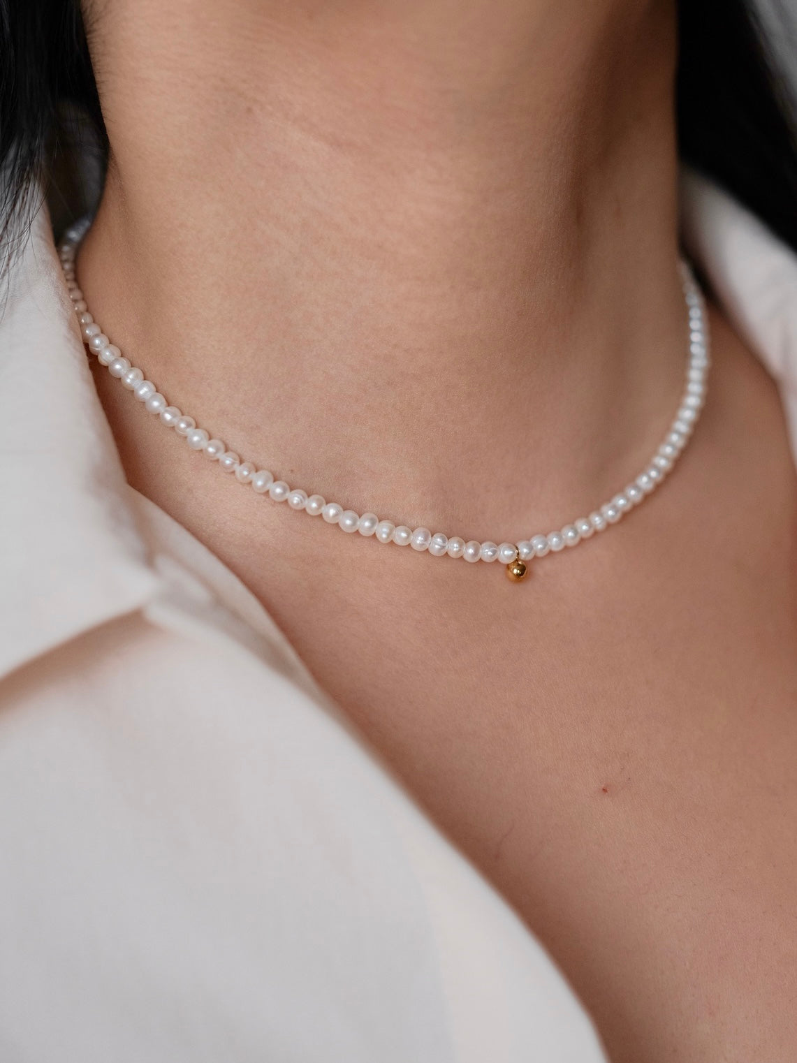 Curiosity - Delicate Freshwater Pearl Choker Necklace with Gold Accent, Minimalist Jewelry