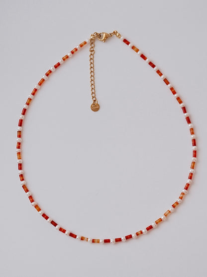 Curiosity - Vibrant Red Agate & Pearl Choker Necklace, Trendy Jewelry