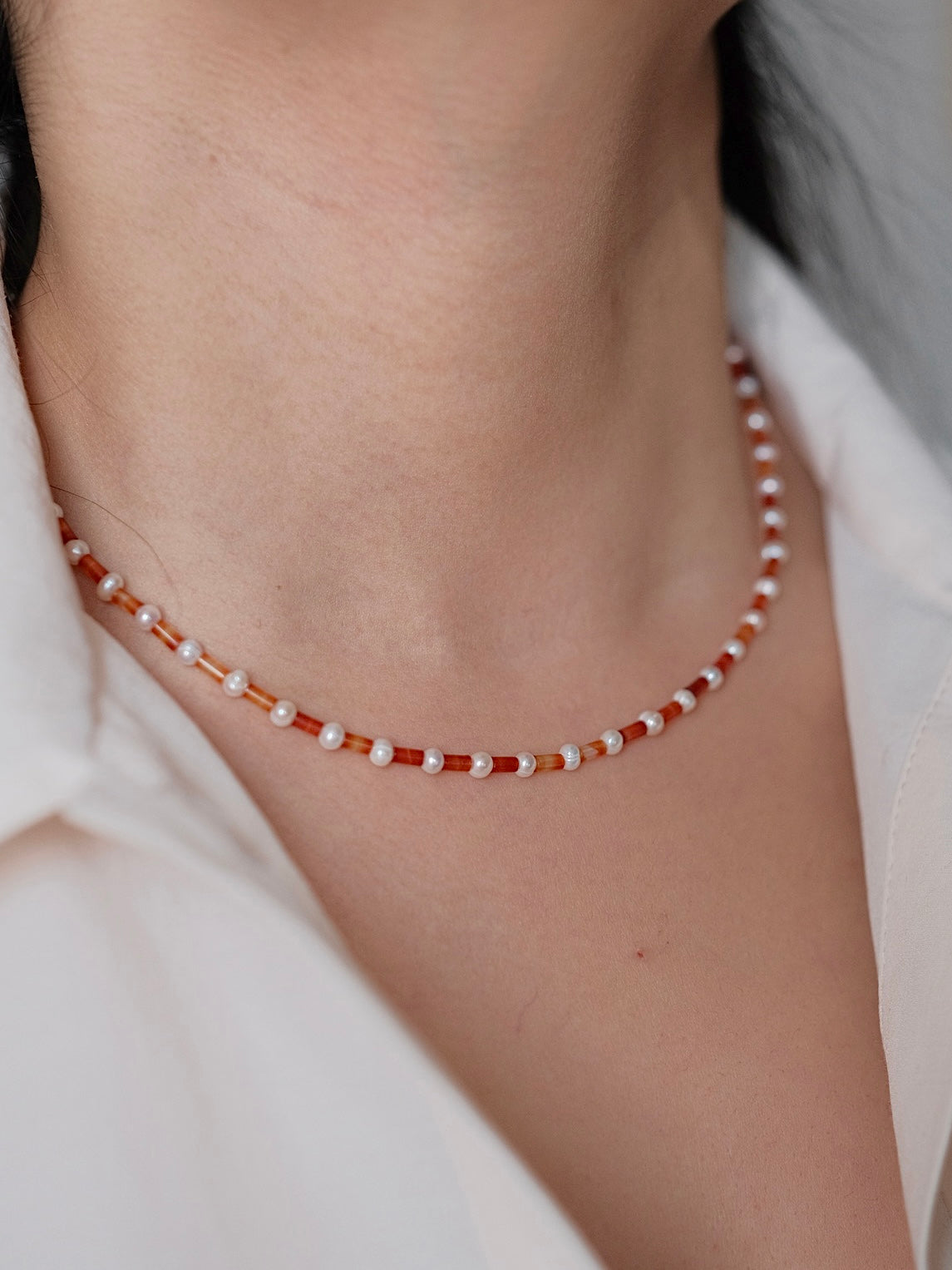 Curiosity - Vibrant Red Agate & Pearl Choker Necklace, Trendy Jewelry