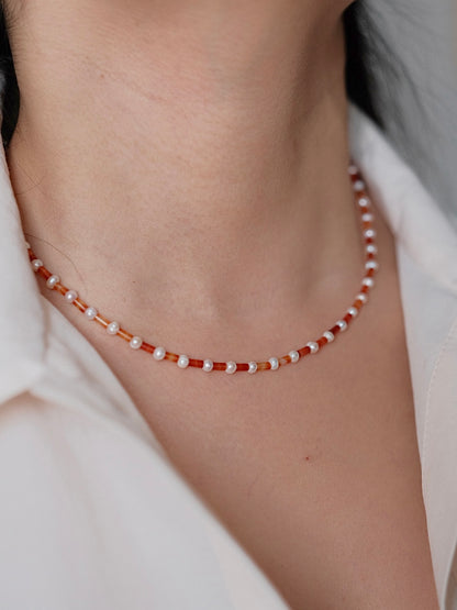 Curiosity - Vibrant Red Agate & Pearl Choker Necklace, Trendy Jewelry