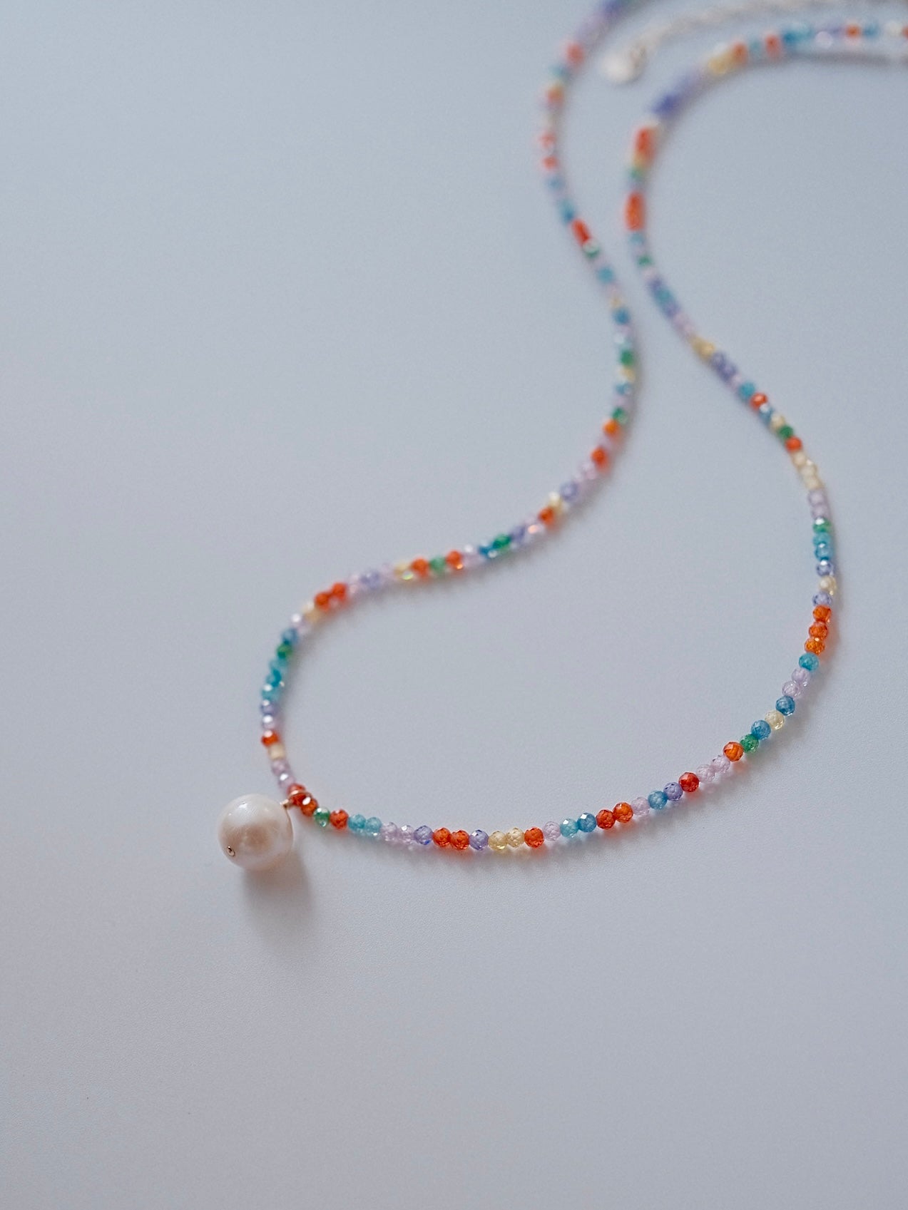 Curiosity - Colorful Rainbow Zirconia Beaded Pearl Drop Necklace,  Trendy Jewelry